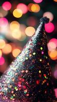A close-up of a party hat covered in glitter, with blurred disco lights in the background photo
