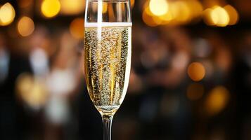 A sharp focus on a glass of champagne popping, with a blurred party crowd in the background photo