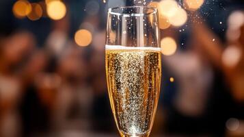 A sharp focus on a glass of champagne popping, with a blurred party crowd in the background photo