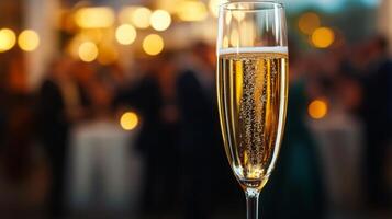 A sharp focus on a glass of champagne popping, with a blurred party crowd in the background photo