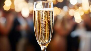 A sharp focus on a glass of champagne popping, with a blurred party crowd in the background photo