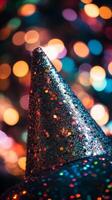 A close-up of a party hat covered in glitter, with blurred disco lights in the background photo