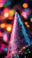 A close-up of a party hat covered in glitter, with blurred disco lights in the background photo