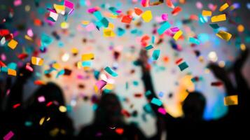 A close-up of falling confetti in focus, with blurred silhouettes of people celebrating in the background photo