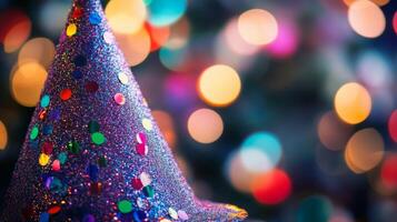 A close-up of a party hat covered in glitter, with blurred disco lights in the background photo