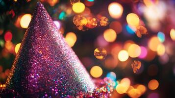 A close-up of a party hat covered in glitter, with blurred disco lights in the background photo