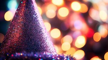 A close-up of a party hat covered in glitter, with blurred disco lights in the background photo