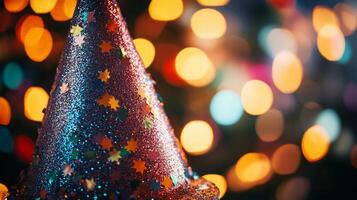 A close-up of a party hat covered in glitter, with blurred disco lights in the background photo