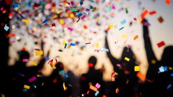 A close-up of falling confetti in focus, with blurred silhouettes of people celebrating in the background photo