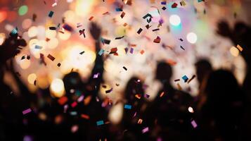A close-up of falling confetti in focus, with blurred silhouettes of people celebrating in the background photo