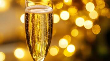 A close-up shot of a champagne glass, with blurred golden fairy lights in the background photo