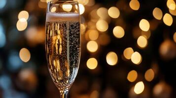 A close-up shot of a champagne glass, with blurred golden fairy lights in the background photo