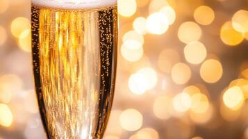 A close-up shot of a champagne glass, with blurred golden fairy lights in the background photo