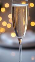 A close-up shot of a champagne glass, with blurred golden fairy lights in the background photo
