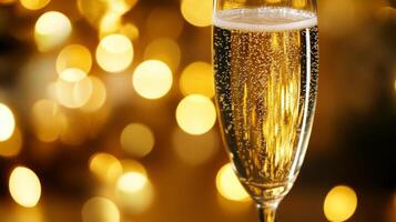 A close-up shot of a champagne glass, with blurred golden fairy lights in the background photo
