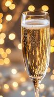 A close-up shot of a champagne glass, with blurred golden fairy lights in the background photo