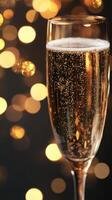 A close-up shot of a champagne glass, with blurred golden fairy lights in the background photo