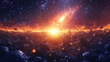 A glowing asteroid field with a radiant galaxy in the background photo