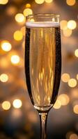 A close-up shot of a champagne glass, with blurred golden fairy lights in the background photo