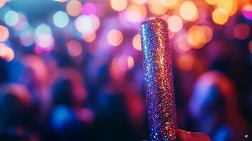 A glittery noisemaker, with a blurred crowd in the background photo