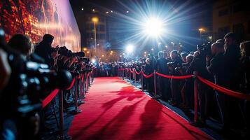 A red carpet is shown with people standing on it photo