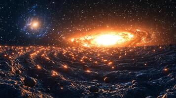 A glowing asteroid field with a radiant galaxy in the background photo