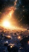 A glowing asteroid field with a radiant galaxy in the background photo