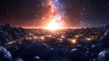 A glowing asteroid field with a radiant galaxy in the background photo
