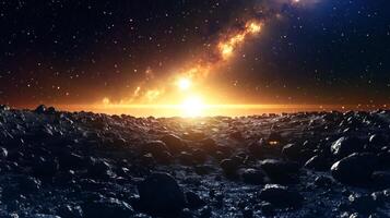 A glowing asteroid field with a radiant galaxy in the background photo