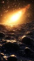A glowing asteroid field with a radiant galaxy in the background photo