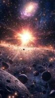 A glowing asteroid field with a radiant galaxy in the background photo