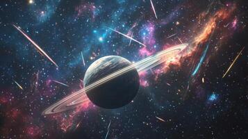 A lone planet with rings encircled by vibrant nebulae and shooting stars photo