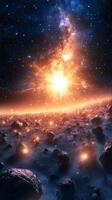A glowing asteroid field with a radiant galaxy in the background photo