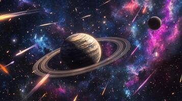 A lone planet with rings encircled by vibrant nebulae and shooting stars photo