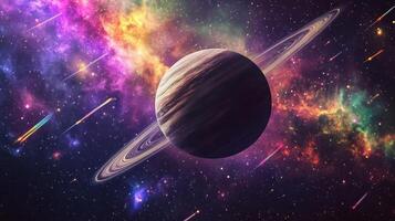 A lone planet with rings encircled by vibrant nebulae and shooting stars photo