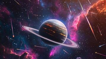 A lone planet with rings encircled by vibrant nebulae and shooting stars photo