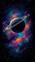 A lone planet with rings encircled by vibrant nebulae and shooting stars photo