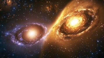 A mesmerizing view of two galaxies colliding, their stars and gas swirling in cosmic chaos photo