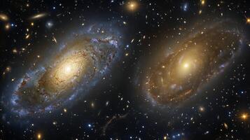 A mesmerizing view of two galaxies colliding, their stars and gas swirling in cosmic chaos photo