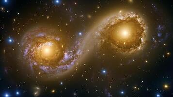 A mesmerizing view of two galaxies colliding, their stars and gas swirling in cosmic chaos photo