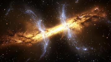A mesmerizing view of two galaxies colliding, their stars and gas swirling in cosmic chaos photo