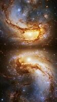 A mesmerizing view of two galaxies colliding, their stars and gas swirling in cosmic chaos photo