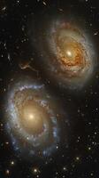A mesmerizing view of two galaxies colliding, their stars and gas swirling in cosmic chaos photo