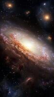 A sprawling view of a distant galaxy with swirling nebulae and glowing stars photo