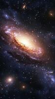 A sprawling view of a distant galaxy with swirling nebulae and glowing stars photo