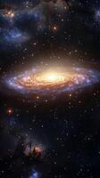 un desmadejado ver de un distante galaxia con arremolinándose nebulosas y brillante estrellas foto