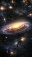 A sprawling view of a distant galaxy with swirling nebulae and glowing stars photo