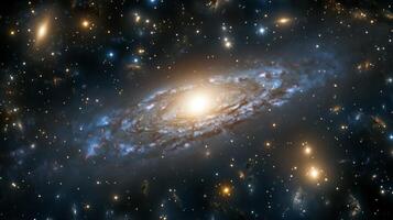 A sprawling view of a distant galaxy with swirling nebulae and glowing stars photo