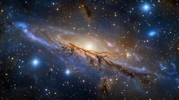 A sprawling view of a distant galaxy with swirling nebulae and glowing stars photo