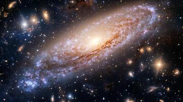 A sprawling view of a distant galaxy with swirling nebulae and glowing stars photo